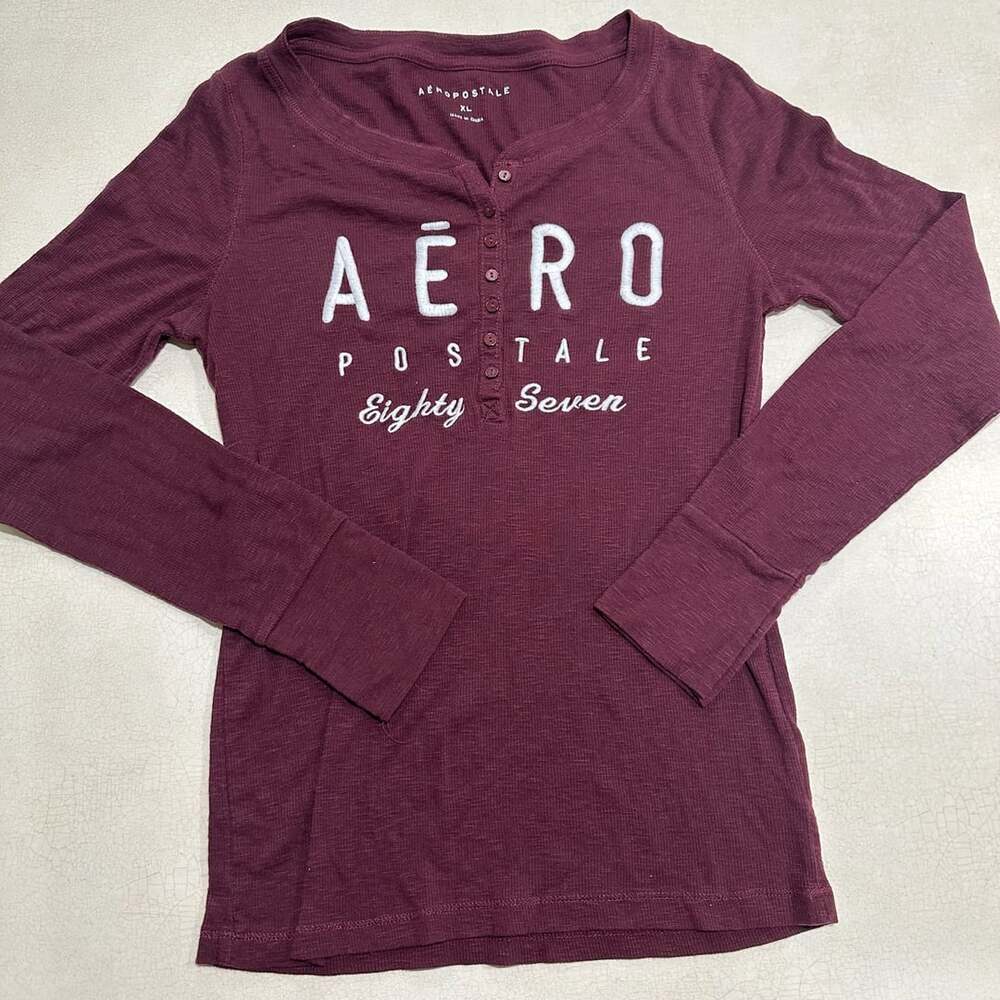 Aeropostale Womens XL Burgundy Logo Henley Long Sleeve Embroidered Shirt
